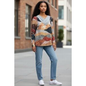 Abstract Geometric Print V Neck Long Sleeve Bold Top‎ Women's Size Medium
